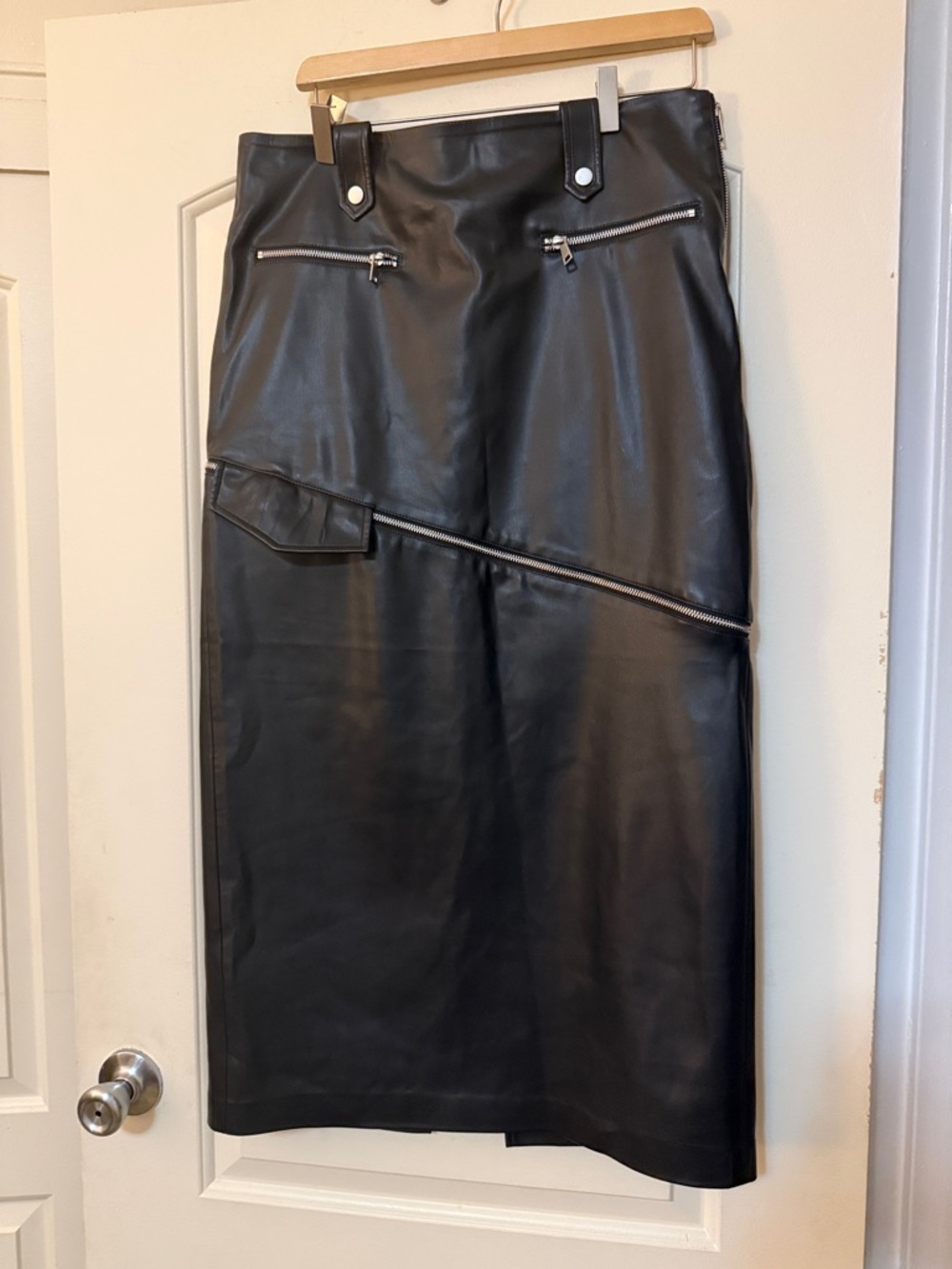 Black Faux Leather Combination Mini/Midi Skirt with Asymmetrical Zip and Pocket
